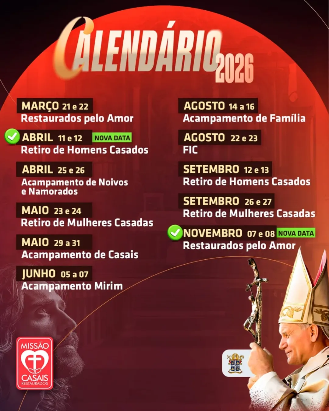 Calendário 2026 — encontros e cursos